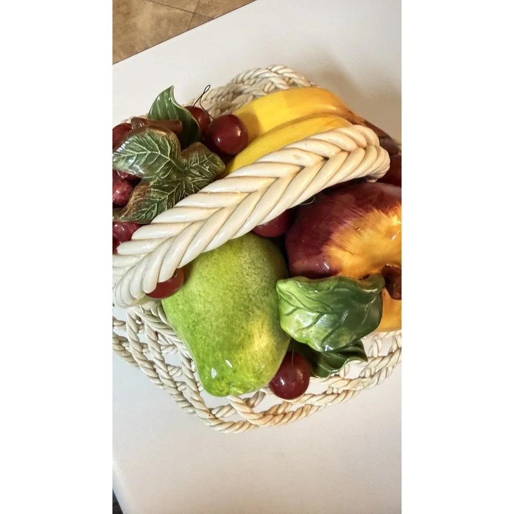 Vintage Italian Style Ceramic Fruit Basket Woven Lattice Centerpiece Decor